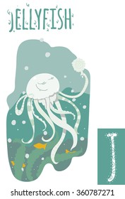 Vector vertical illustration of jellyfish with colorful background, watching in the mirror underwater in the see. Capital letter J. Cute stylish animal alphabet, perfect for educational materials.