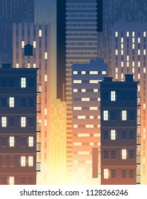 Vector vertical illustration of modern buildings at night, lights from windows. Background with urban large buildings - skyscrapers. Townish, municipal concept for banner, poster.