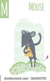Vector vertical illustration of mouse on a colorful meadow background, with cheese in hands. Capital letter M. Cute stylish animal alphabet, perfect for educational materials