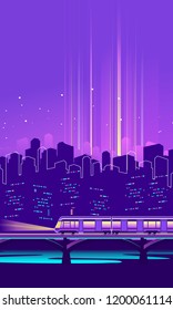 vector vertical illustration neon silhouette of night city in electric lights railway bridge with train