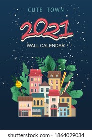 vector vertical illustration on a dark background city, with leaves of plants, small cozy houses, calendar cover for 2021, night