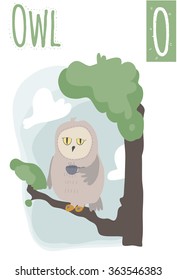 Vector vertical illustration of owl with morning tea sitting on the branch. Capital letter O. Cute stylish animal alphabet, perfect for educational materials