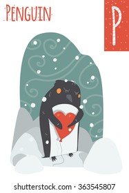 Vector vertical illustration of penguin hugging heart shaped balloon, with colorful winter north background. Capital letter P. Cute stylish animal alphabet, perfect for educational materials