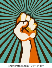 vector vertical illustration retro poster raised up hand clenched into fist symbol of insurrection revolution