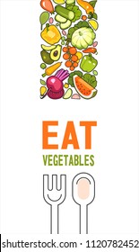 Vector vertical illustration with ripe vegetables poster brochure on white background about healthy food stylized logos spoon and fork for restaurant or cafe