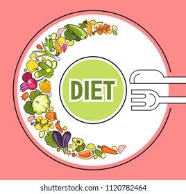 Vector vertical illustration with ripe vegetables folded semicircle on a plate with stylized spoon fork restaurant business menu cafe emblem