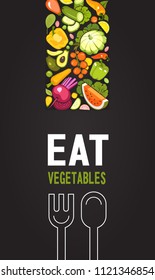 Vector vertical illustration with ripe vegetables poster brochure on black background about healthy food stylized logos spoon and fork for restaurant or cafe