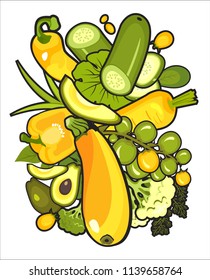 Vector vertical illustration with ripe vegetables poster brochure on white background about healthy food stylized logos spoon and fork for restaurant or cafe