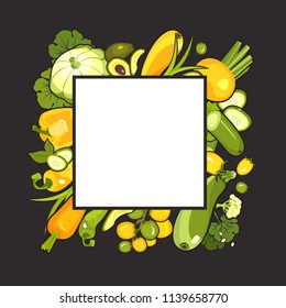 Vector vertical illustration with ripe vegetables poster brochure on white background about healthy food stylized logos spoon and fork for restaurant or cafe