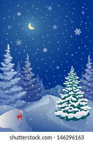 Vector vertical illustration of a snowy Christmas night at woodland