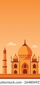 Vector vertical illustration of Taj Mahal banner with empty space for text. Ideal for holidays, tourism, presentations, social media and posters about the beauty and cultural richness of India