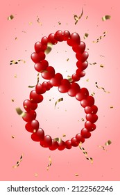 Vector vertical illustration. Template, postcard for March 8, International Women's Day. Eight of hearts and golden candy.