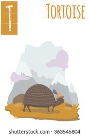 Vector vertical illustration of tortoise walking in the mountain background, with hat on his head. Capital letter T. Cute stylish animal alphabet, perfect for educational materials