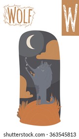 Vector vertical illustration of wolf with colorful night background, who yowls at the moon. Capital letter W. Cute stylish animal alphabet, perfect for educational materials