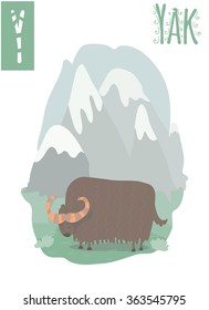 Vector vertical illustration of yak in colorful mountain background, with horns on his head. Capital letter Y. Cute stylish animal alphabet, perfect for educational materials