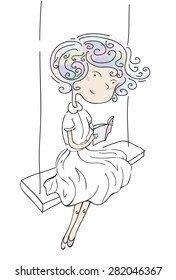 Vector vertical illustration of a young girl sitting on swing, with book, colored, pastel, cute