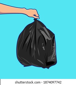 Vector Vertical image of female hand holding black trash bag, waste sorting and recycling concept