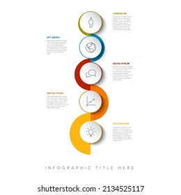 Los hitos de la empresa de infografía vertical vectorial curvaron la plantilla horizontal de la línea de tiempo. Plantilla de línea de tiempo ligero con iconos en botones blancos y fondo de color curvo. Línea de tiempo con iconos de curvas y texto