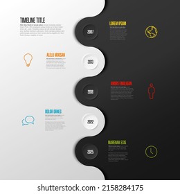 Vector Vertical Infographic Company Milestones Timeline Template With Circles And Dual Color Background - White And Black. Time Line Template Version With Icons On Split Background