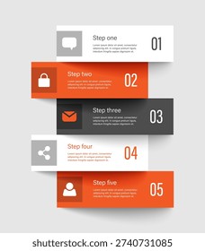 Vector vertical infographic template consists of 5 rectangular elements. Layout for data visualization with business icons