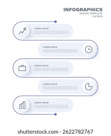 Infográficos verticais vetoriais com cinco etapas ou opções. Seções com texto e ícones para slides infográficos de negócios e marketing