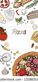 Vector vertical italian pizza banner on white. Pizza menu with hand drawn pizza collection