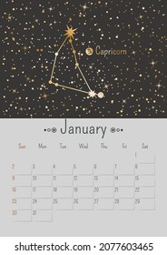 Vector vertical January 2022 calendar a with golden zodiac constellation and stars on a black background. A3, A2 poster with a horoscope Capricorn sign. Planner with dates of one month