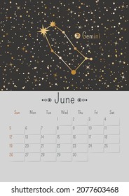 Vector vertical June 2022 calendar a with golden zodiac constellation and stars on a black background. A3, A2 poster with a horoscope Gemini sign. Planner with dates of one month