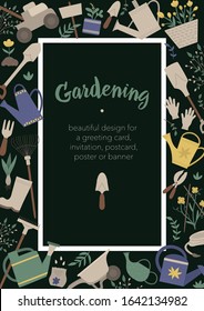 Vector vertical layout frame with garden tools, flowers, herbs, plants. Gardening equipment banner or party invitation. Cute funny spring greeting card template
