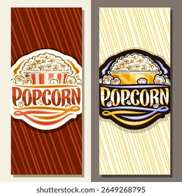 Vector vertical layout for Popcorn with empty copy space for ad, illustration of delicious sweet popcorn in large carton box, unique brush lettering for word popcorn and decorative vintage flourishes