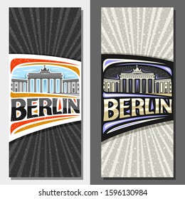 Vector vertical layouts for Berlin with copy space, decorative leaflets with illustration of Brandenburg gate on day and evening sky background, tourist card with original typeface for word berlin.