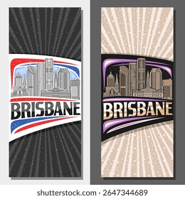Layouts verticais vetoriais para Brisbane, modelo decorativo com ilustração da paisagem urbana da cidade de brisbane no dia e ao fundo do céu entardecer, cartão turístico de design de arte com letras únicas para palavra brisbane