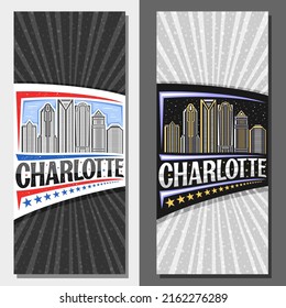 Vector vertical layouts for Charlotte, decorative leaflet with line illustration of charlotte city scape on day and dusk sky background, art design tourist card with unique letters for word charlotte