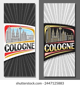 Vector vertical layouts for Cologne, decorative leaflet with outline illustration of cologne city scape on day and dusk sky background, art design tourist card with unique lettering for word cologne