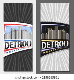 Vector vertical layouts for Detroit, decorative invitations with line illustration of detroit city scape on day and dusk sky background, art design tourist card with unique lettering for word detroit