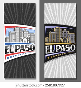 Vector vertical layouts for El Paso City, decorative brochure with simple illustration of famous urban texas city scape on day and nighttime sky background, art design tourist card with words el paso