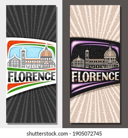 Vector vertical layouts for Florence, decorative leaflet with outline illustration of florence city scape on day and dusk sky background, art design tourist card with unique letters for word florence.