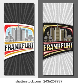 Diseños verticales vectoriales para Frankfurt, folleto decorativo con ilustración de línea del paisaje de la ciudad de Frankfurt en el día y el fondo del cielo del atardecer, tarjeta turística de diseño de arte con letras únicas para la palabra frankfurt