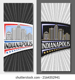 Vector vertical layouts for Indianapolis, decorative leaflets with illustration of indianapolis city scape on day and dusk sky background, design tourist card with unique letters for word indianapolis