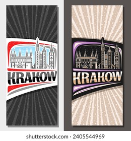 Vector vertical layouts for Krakow, decorative leaflet with line illustration of european krakow city scape on day and dusk sky background, art design tourist card with unique letters for word krakow