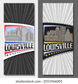 Layouts verticais vetoriais para Louisville, bilhete decorativo com ilustração da paisagem da cidade de Louisville no dia e fundo do céu entardecer, cartão de turismo de design de arte com letras únicas para a palavra louisville