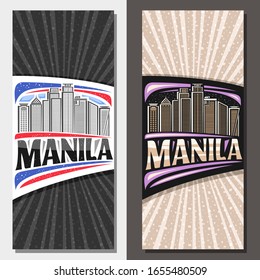 Vector vertical layouts for Manila, invitation with line illustration of contemporary manila city scape on day and evening sky background, design tourist card with creative letters for word manila.