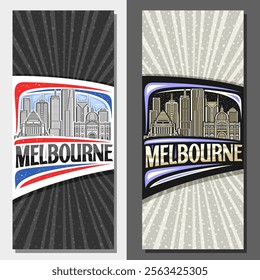 Vector vertical layouts for Melbourne, decorative ticket with line illustration of melbourne city scape on day and dusk sky background, art design tourist card with unique lettering for word melbourne