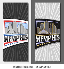 Diseños de Vertical de Vector para Memphis, folleto decorativo con ilustración de línea del paisaje urbano de la ciudad de Memphis en el día y el fondo del cielo del anochecer, tarjeta turística de diseño de arte con letras únicas para la palabra memphis