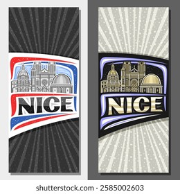 Vector vertical layouts for Nice, decorative ticket with detailed illustration of famous nice city scape on day and nighttime sky background, art design tourist card with unique letters for word nice