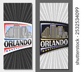 Vector vertical layouts for Orlando, decorative leaflet with line illustration of famous orlando city scape on day and dusk sky background, art design tourist card with unique letters for word orlando