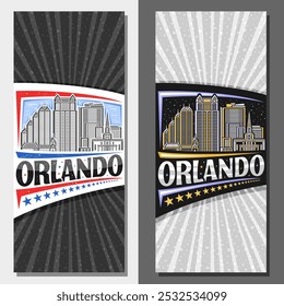 Diseños de Vertical de Vector para Orlando, folleto decorativo con ilustración de línea del famoso paisaje de la ciudad de Orlando en el día y el fondo del cielo del anochecer, tarjeta turística de diseño de arte con letras únicas para la palabra orlando