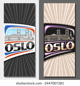 Vector vertical layouts for Oslo, decorative leaflet with outline illustration of european oslo city scape on day and dusk sky background, art design tourist card with unique lettering for text oslo