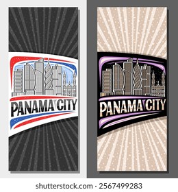 Vector vertical layouts for Panama City, decorative brochure with outline illustration of urban american city scape on day and nighttime sky background, art design tourist card with words panama city