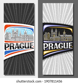 Diseños verticales vectoriales para Praga, volantes decorativos con ilustración del paisaje histórico de la ciudad de Praga el día y el fondo del cielo del atardecer, diseño de arte tarjeta turística con letras únicas para la peste de palabras.